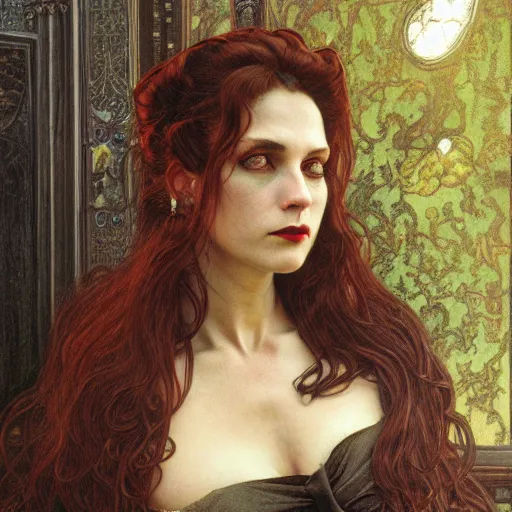Image similar to portrait of a lady vampire, 35mm, victorian, depth of field, ominous, sharp, highly detailed, photorealistic, realistic, unreal 5, high definition, 8k, deviantart, donato giancola, irwin penn, Alphonse Mucha