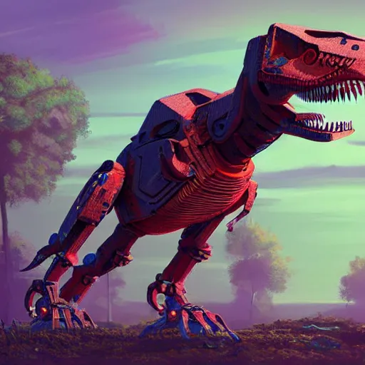 Image similar to a character art rendering of a brightly colored robot T-rex made of mechanical parts, cartoonish psychedelic paleoart rendering, realistic dinosaur cyborg in the style of greg rutkowski and simon stålenhag, made with zbrush