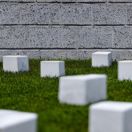 Prompt: color photograph of a line of identical white concrete blocks standing in a featureless grassy field