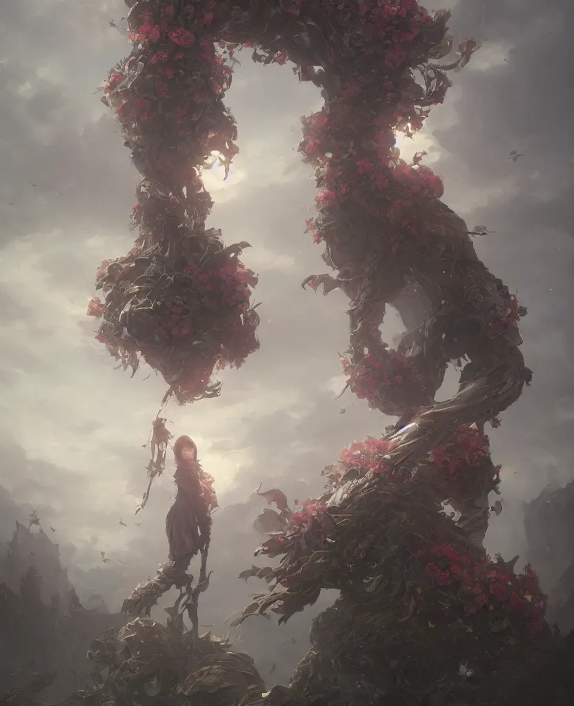 Image similar to a fancy portrait of a giant floating flower by Greg Rutkowski, Sung Choi, Mitchell Mohrhauser, Maciej Kuciara, Johnson Ting, Maxim Verehin, Peter Konig, Bloodborne , 8k photorealistic, cinematic lighting, HD, high details, atmospheric , trending on artstation