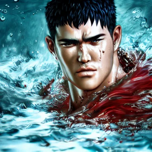 Image similar to photorealistic shockingly amazing portrait of guts from berserk submerged in water extremely detailed, made by wlop and maxwell boas