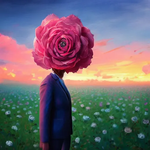 Image similar to closeup, giant rose flower head, frontal, girl in a suit, surreal photography, sunrise, blue sky, dramatic light, impressionist painting, digital painting, artstation, simon stalenhag