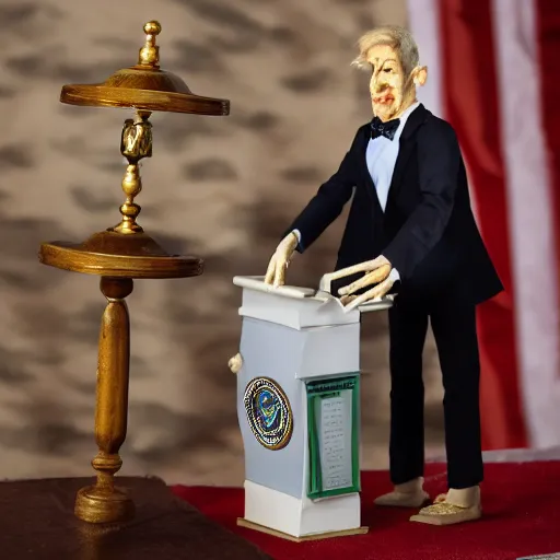 Image similar to puppeteer using marionette of a president in a podium