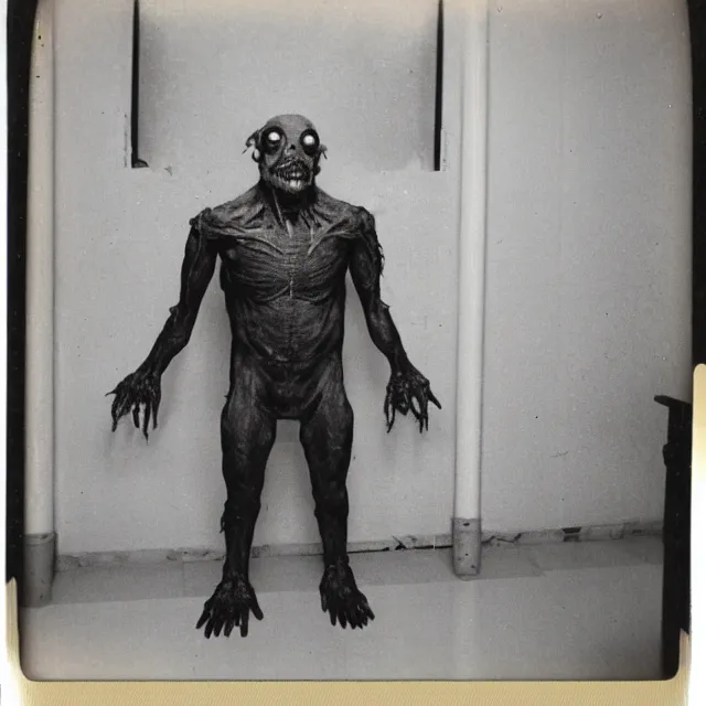 Prompt: found polaroid photo, flash, interior abandoned hospital, wired mutant creature standing