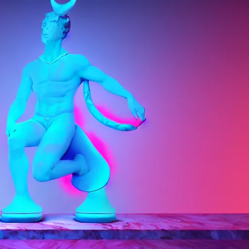 Image similar to unreal engine octane render houdini hyperreallistic render 8k marble statue of the minotaur vaporwave blue and pink neon background