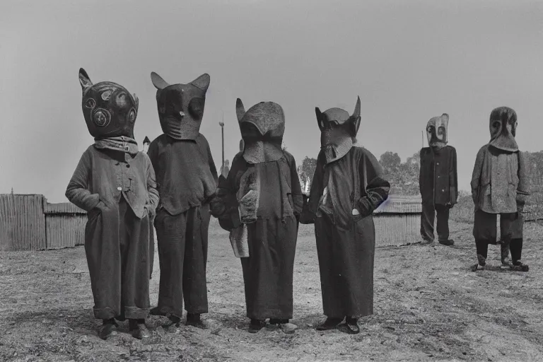 Prompt: vintage photo of villagers wearing weird masks by hilla becher, eerie, bizarre, highly detailed shot, dramatic 8 k uhd