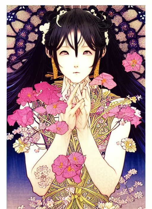 Image similar to exquisite imaginative manga poster art of keqing, genshin impact, flowers, pearlescent, shimmering, reflective, rim light, detailed background, by kojima ayami, akihiko yoshida, minaba hideo, alphonse mucha, art nouveau, illustration, artstation, concept art, highly detailed, colorful, maximalist