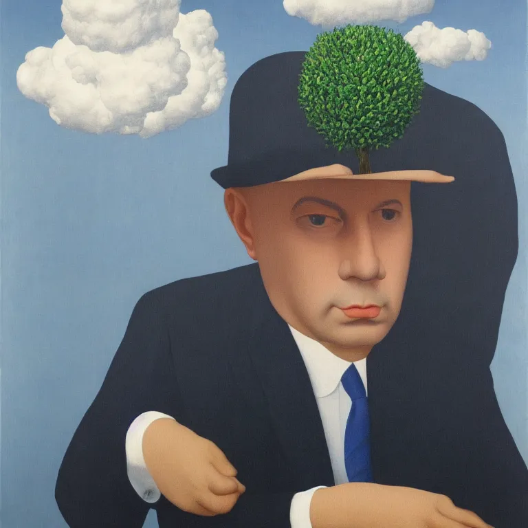 Image similar to portrait of a man in a suit, his head is a cloud, by rene magritte, detailed painting, hd, hq, high resolution, high detail, 4 k, 8 k