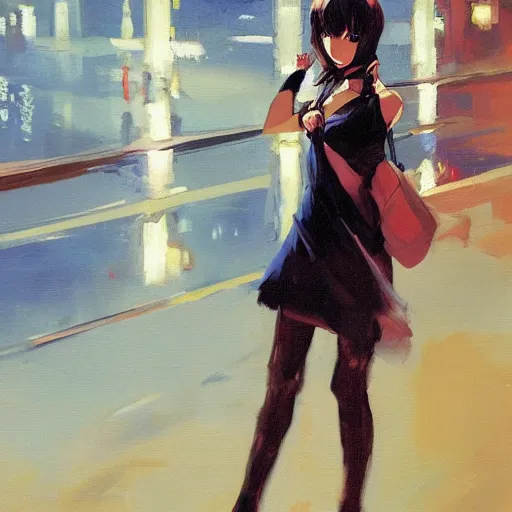 Image similar to greg manchess painting of an anime woman, direct flash photography at night, makoto shinkai