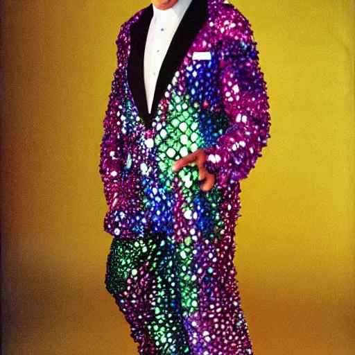 Image similar to uhd candid photo of joe biden as disco stu, wearing disco suit, intricate disco costume. photo by annie leibowitz