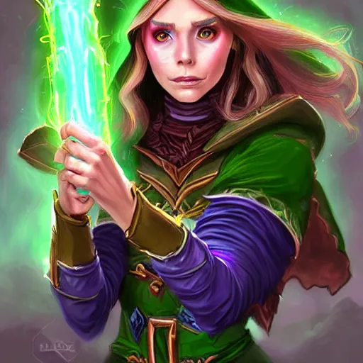 Image similar to beautiful female elf sorcerer, green lighting, elizabeth olsen face, in hearthstone art style, epic fantasy style art, fantasy epic digital art, epic fantasy card game art