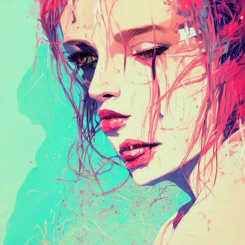 Image similar to close up portrait painting of a female in nineties street styling, concept art, intricate details, aesthetically pleasing pastel colors, art by conrad roset, impressionism, portrait