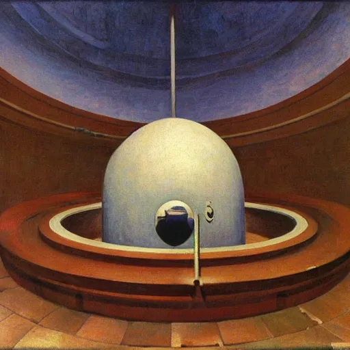 Image similar to giant spherical eye being lowered through the roof of a dome - shaped control center, grant wood, pj crook, edward hopper, oil on canvas