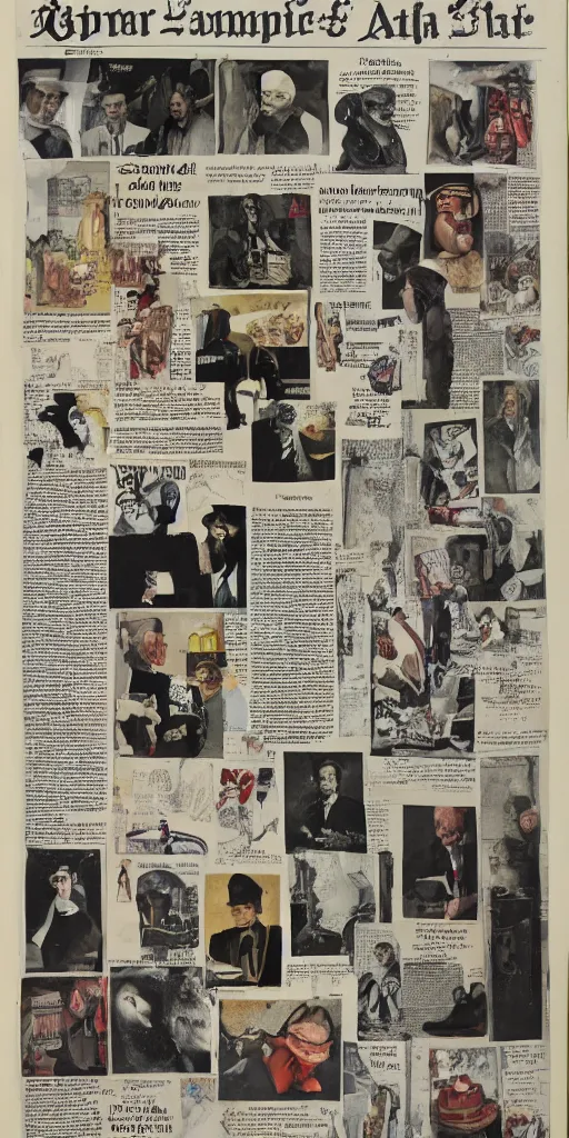 Prompt: newspaper collage, dada, freemason ritual, extremely detailed, sharp, hyperrealistic, 8 k