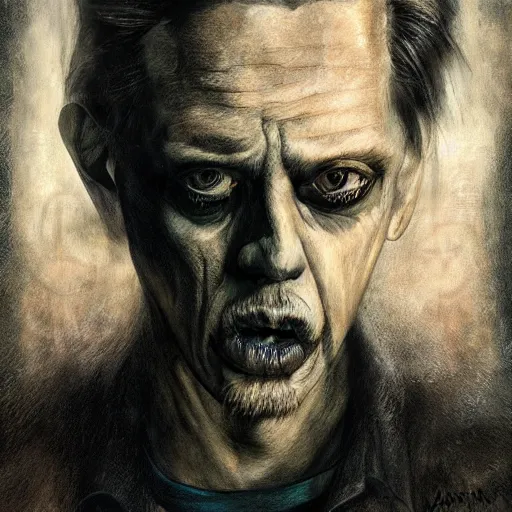 Image similar to disturbing grunge still of a lovecraftian demon infested steve buscemi, crayon horror art in dark and muted colors, by arthur adams, by tom bagshaw, by henry asencio, by kikuchi hideyuki