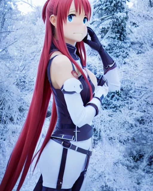 Prompt: photo of asuna from sao in winter location, asuna by a - 1 pictures, by greg rutkowski, gil elvgren, enoch bolles, glossy skin, pearlescent, anime, very coherent, film still, dslr, 3 5 mm canon