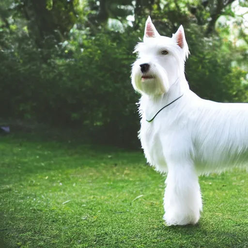 Image similar to photo of a white schnauzer dog with two open wings on his back, 5 5 mm photo