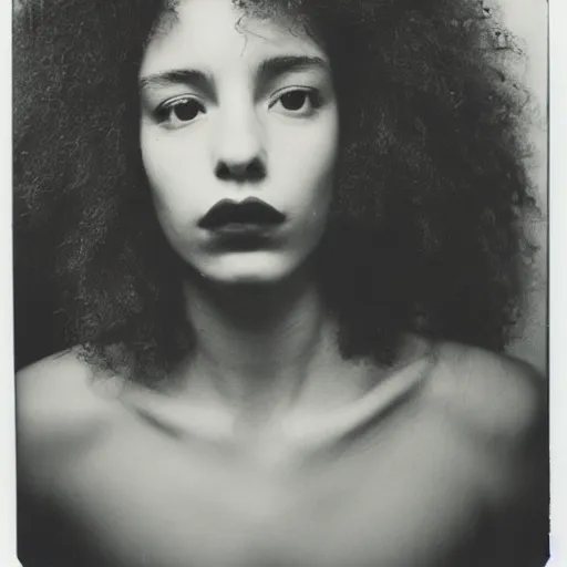 Image similar to polaroid picture, beautiful light - skinned teenage girl, symmetrical face, curly hair, afro, full shot, artistic, black and white, eerie, francesca woodman style