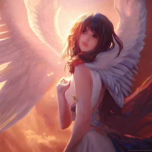 Image similar to an oil painting of a beautiful anime girl with angel wings, by artgerm, wlop and greg rutkowski, hd, hdr, ue 5, ue 6, unreal engine 5, cinematic 4 k wallpaper, 8 k, ultra detailed, high resolution, artstation, award winning