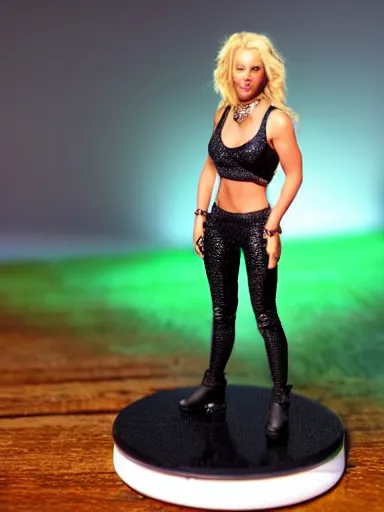 Prompt: a resin miniature of Britney Spears wearing wavy hair, green metallic crop top, and black pants in Warhammer, miniature product photo, full body, on textured disc base, 4K, HD