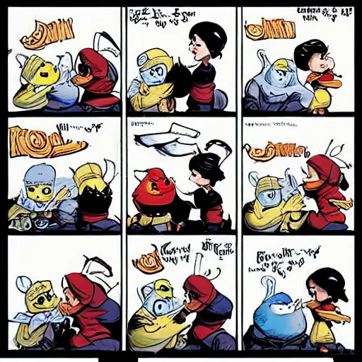 Prompt: snow white and the seven dwarfs, artwork by skottie young
