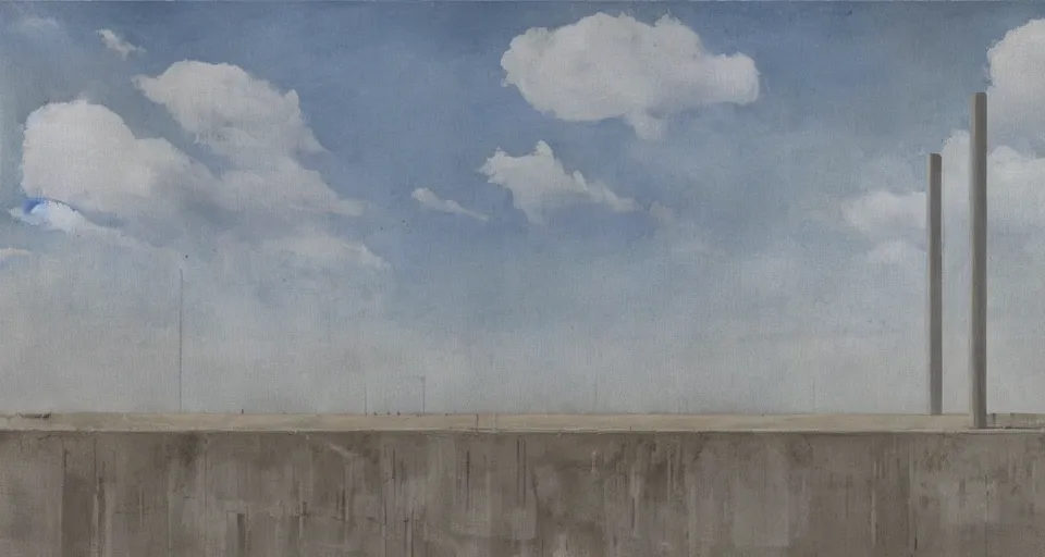 Prompt: world of only concrete, a flat endless plane of concrete covered in thin, very tall concrete pillars talk enough to go above the frame that go on to the horizon, open sky, but sparse vegetation is returning to the world, growing in the concrete, blue sky with clouds, god rays, beautiful painting, oil on canvas, by Ewa Czarniecka, award winning masterpiece,