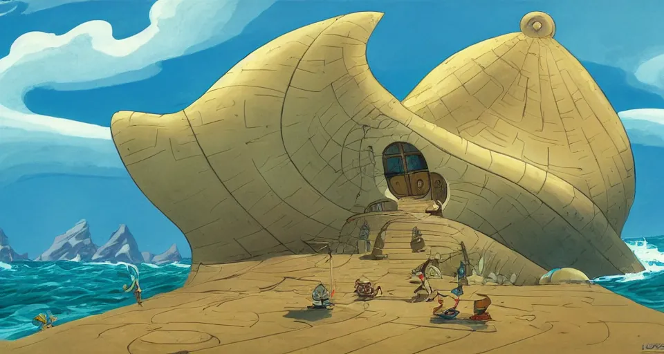 Prompt: giant seashell house in the ocean, by laika, ralph mcquarrie, in the style of zelda windwaker