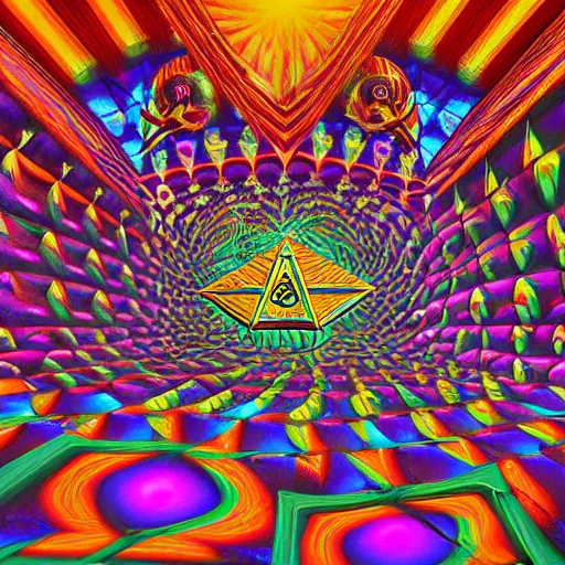 Image similar to Psychedelic Inter-dimensional freemasonic occultic chequered trippy dreamscape in the style of a photo-realistic album cover by Howard Finster, Michael Cheval (unreal engine, 3d highly detailed, 8k, UHD, fantasy, dream, otherworldly, bizzare, spirals, colourful, vivid)