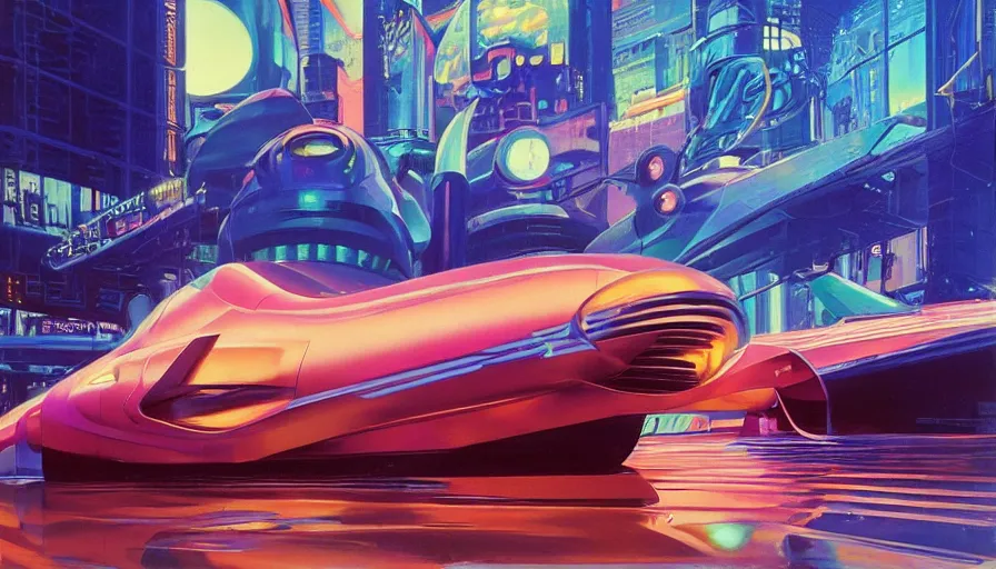 Image similar to Retro futuristic vehicle in a colorful urban landscape, neon lights reflecting in water, sci-fi concept art, by Syd Mead, highly detailed, oil on canvas