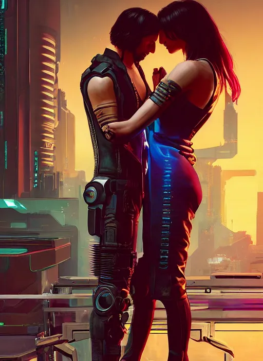 Image similar to a cyberpunk 2077 couple portrait of Keanu Reeves & female android in final kiss,love,film lighting,by Laurie Greasley,Lawrence Alma-Tadema,Dan Mumford,artstation,deviantart,FAN ART,full of color,Digital painting,face enhance,highly detailed,8K,octane,golden ratio,cinematic lighting