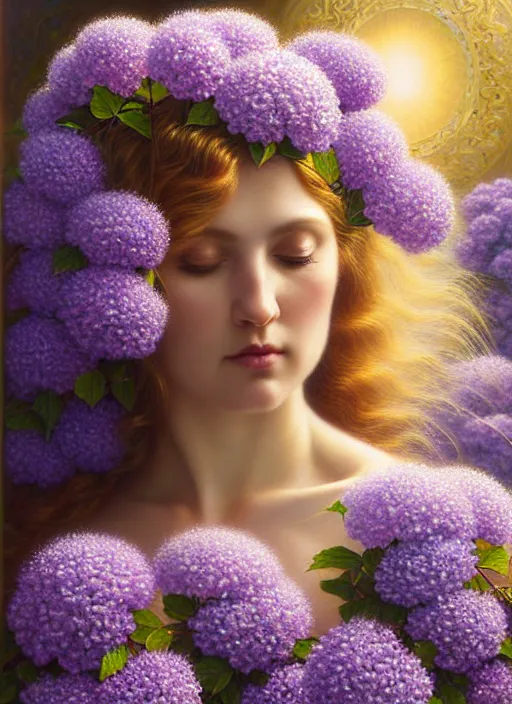 Prompt: a lilac hair beautiful goddess of light, colourful hydrangeas flowers, soft roses, and dried petals, painterly, emotionally evoking methaphoric, ornamental, intricate and elegant, highly detailed photorealistic painting, decorative lines, sharp focus, golden ratio, by tomasz alen kopera and john william godward,