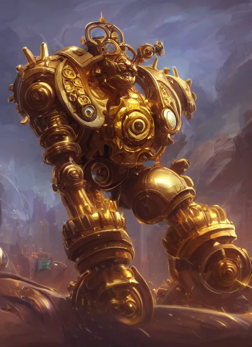 Image similar to a highly detailed illustration of gentle colossal golden mechanical gear giant, with cute doting eyes, intricate, elegant, highly detailed, centered, digital painting, artstation, concept art, smooth, sharp focus, league of legends concept art, wlop.