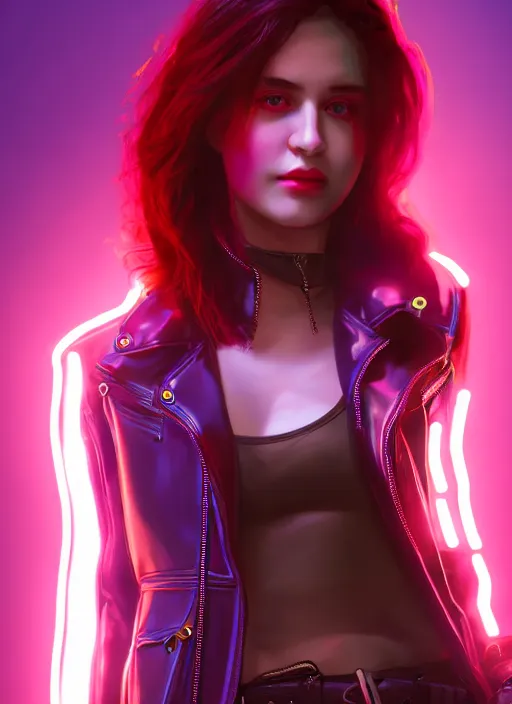 Image similar to pretty young woman with shoulder length shiny shimmering dark red hair and wearing a stuffed leather jacket with the glow of neon lights illuminating her, path traced, highly detailed, high quality, digital painting, by cd projekt red, cyberpunk,