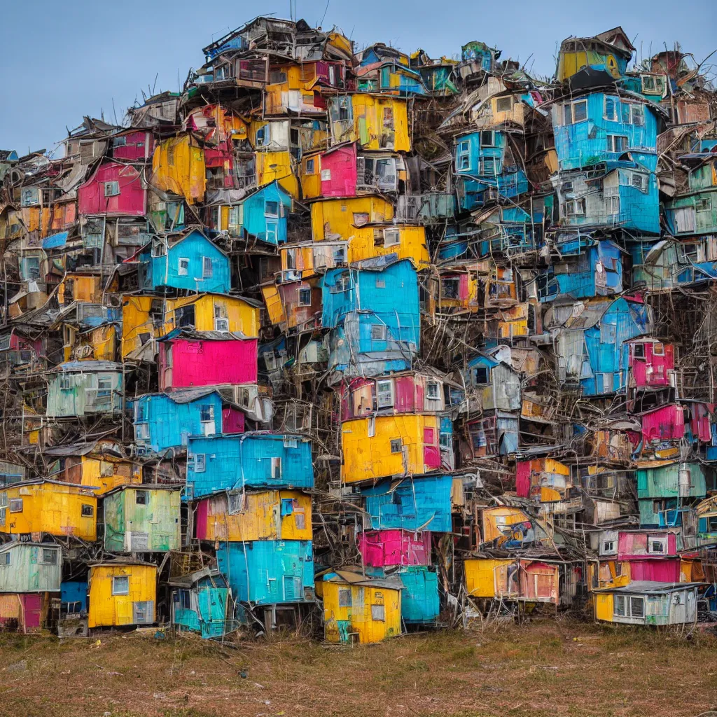 Prompt: a tower made up of colourful makeshift squatter shacks, dystopia, sony a 7 r 3, f 1 1, fully frontal view, ultra detailed, photographed by jeanette hagglund