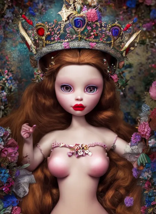 Image similar to closeup face profile portrait of a tin toy fairytale princess wearing a crown eating cakes, bikini, depth of field, zeiss lens, detailed, symmetrical, centered, fashion photoshoot, by nicoletta ceccoli, mark ryden, lostfish, breathtaking, 8 k resolution, extremely detailed, beautiful, establishing shot, artistic, hyperrealistic, octane render