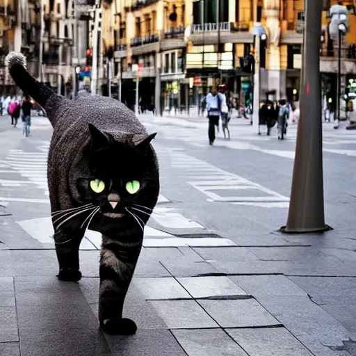 Image similar to A giant cat is walking through Gran Via in Madrid