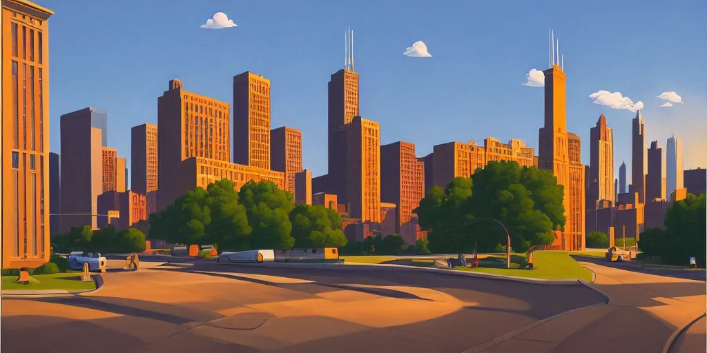 Image similar to vintage chicago, blue sky, summer evening, kenton nelson