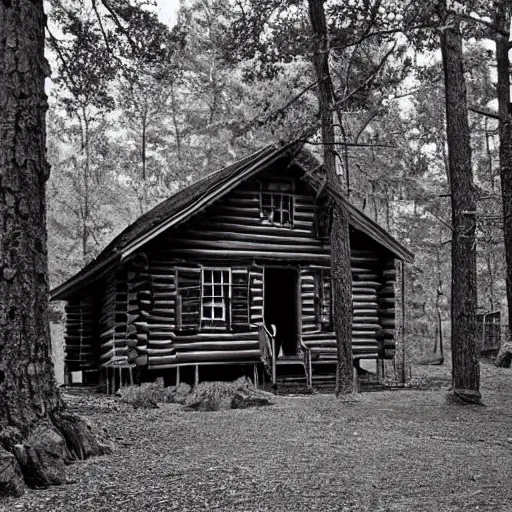 Prompt: Abraham Lincoln's log cabin in a thick forest, cabin windows with cockpit windshields