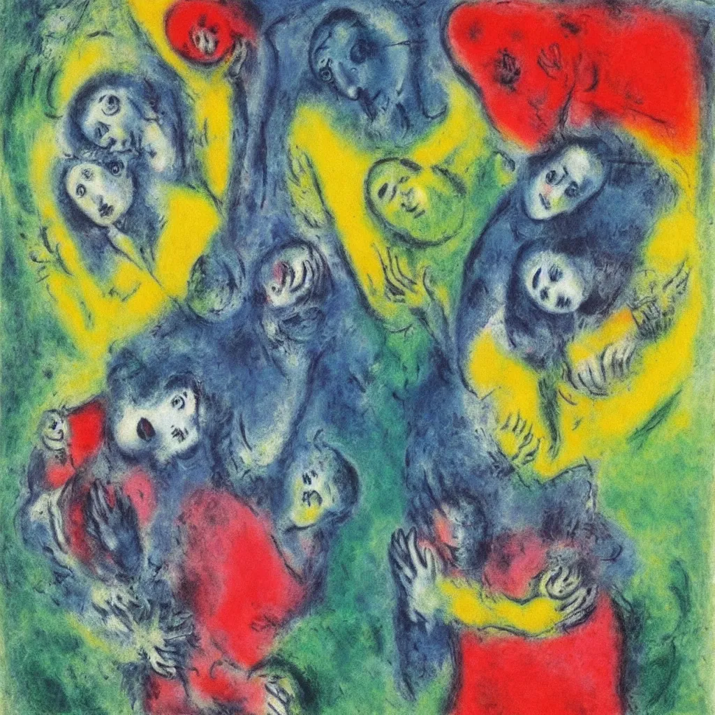 Image similar to hiding from yourself by Marc Chagall, bright tones
