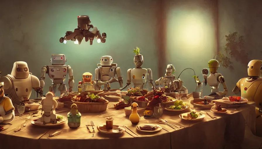 Prompt: a table dinner of android robots where robots are dressed like the characters from the midsommar movie, realistic detailed digital art by maxwell boas jessica rossier christian dimitrov anton fadeev trending on artstation cgsociety rendered in unreal engine 4 k hq