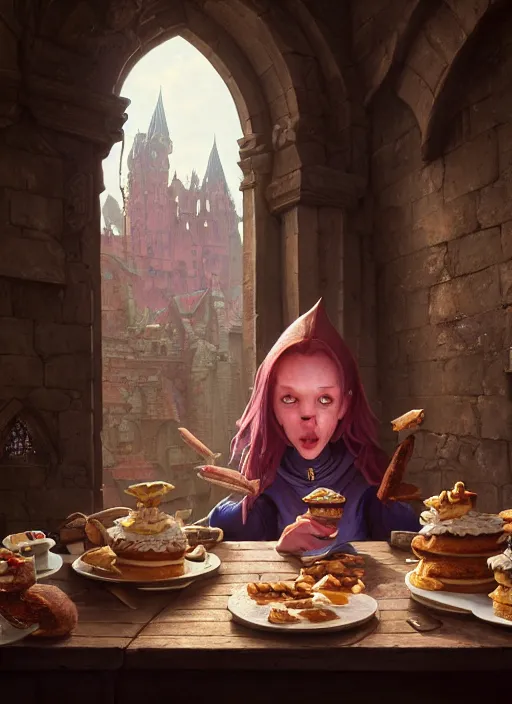 Image similar to highly detailed portrait of a medieval goblin eating cakes in a castle, stephen bliss, unreal engine, greg rutkowski, loish, rhads, beeple, makoto shinkai and lois van baarle, ilya kuvshinov, rossdraws, tom bagshaw, tom whalen, alphonse mucha, global illumination, god rays, detailed and intricate environment