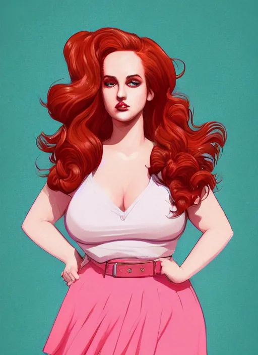 Prompt: full body portrait of teenage cheryl blossom, obese, bangs, green eyes, sultry, realistic, red hair, sultry smirk, wavy hair, pink skirt, fat, intricate, elegant, glowing lights, highly detailed, digital painting, artstation, concept art, smooth, sharp focus, illustration, art by wlop, mars ravelo and greg rutkowski