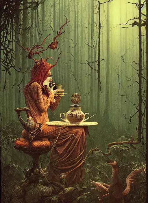 Image similar to witch having tea at a shrine in the woods gorgeous lighting, lush forest foliage a hyper realistic painting by chiara bautista and beksinski and norman rockwell and greg rutkowski weta studio, and lucasfilm