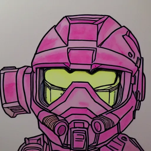 Image similar to master chief drawn with markers, background colored pink