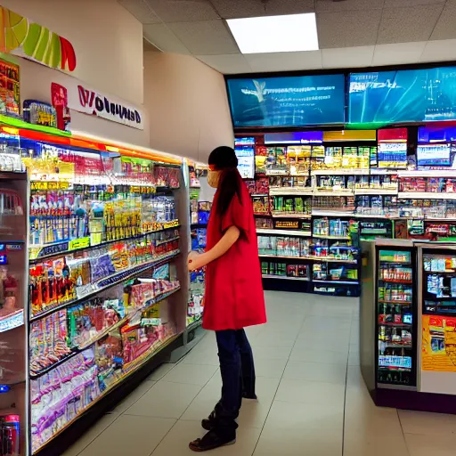 Image similar to Vision superhero working as a 7/11 cashier, wide wide shot, very detailed, hdr photograph, beautiful lighting