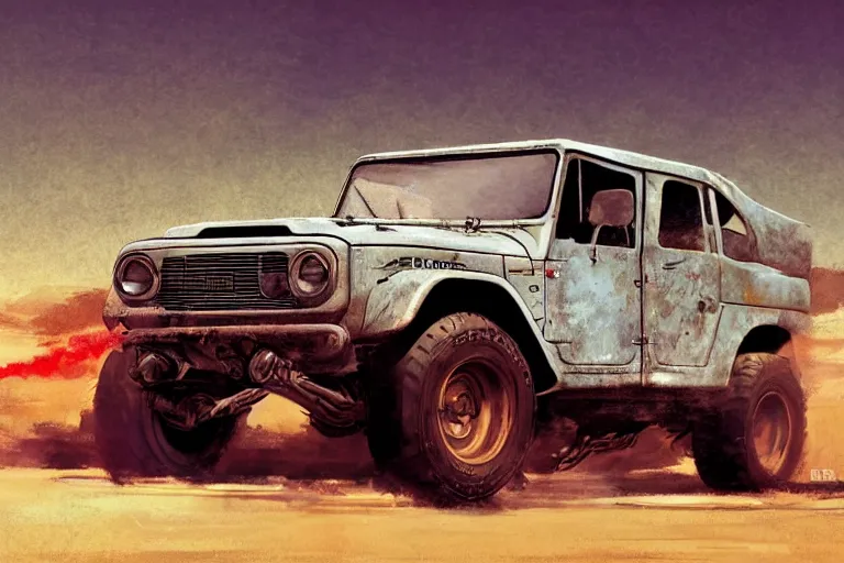 Image similar to digital illustration of mad max's fj 4 0 pursuit special, the last v 8 interceptor by makoto shinkai, ilya kuvshinov, lois van baarle, rossdraws, basquiat