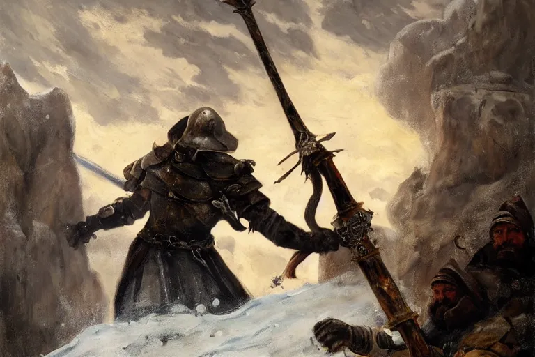 Image similar to landscape realistic painting image of a templar knight with one mechanical hand carrying a fire sword and wielding it at the ice dragon. dramatic scene, realism, created by gustave courbet and michaelangelo, trending in artstation, fine art, smooth draw with oil painting.