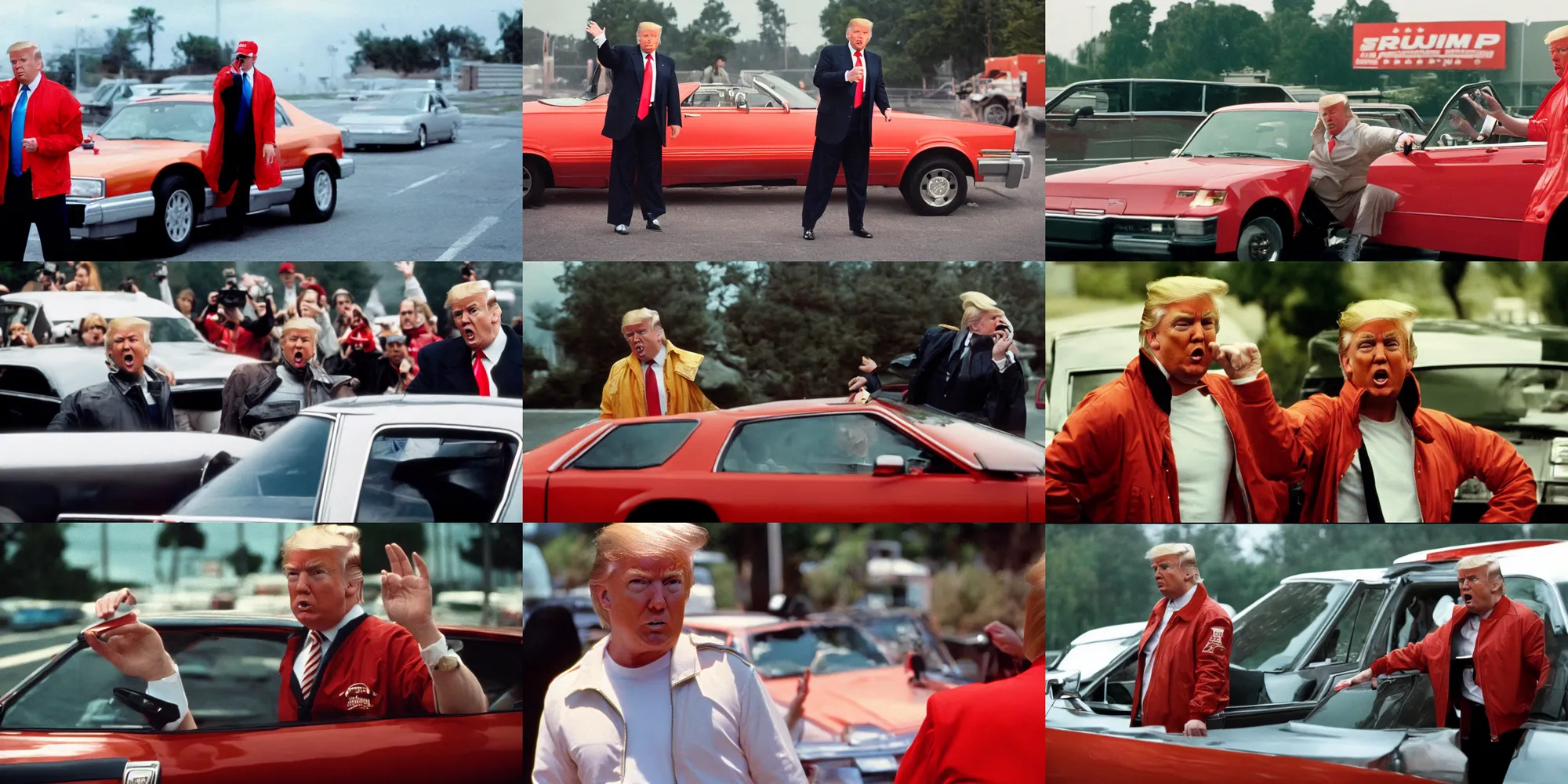 Prompt: donald trump in drive ( 2 0 1 1 ) wearing the scorpion bomber jacket, cinestill 8 0 0 t, 1 9 8 0 s movie still, film grain