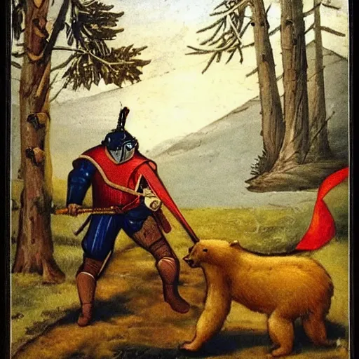 Image similar to medieval knight fights a bear. the bear is gigantic