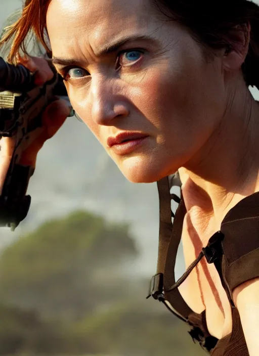 Image similar to a film still of kaye winslet as lara croft, sweat, direct sun light, close up potrait, cinematic,